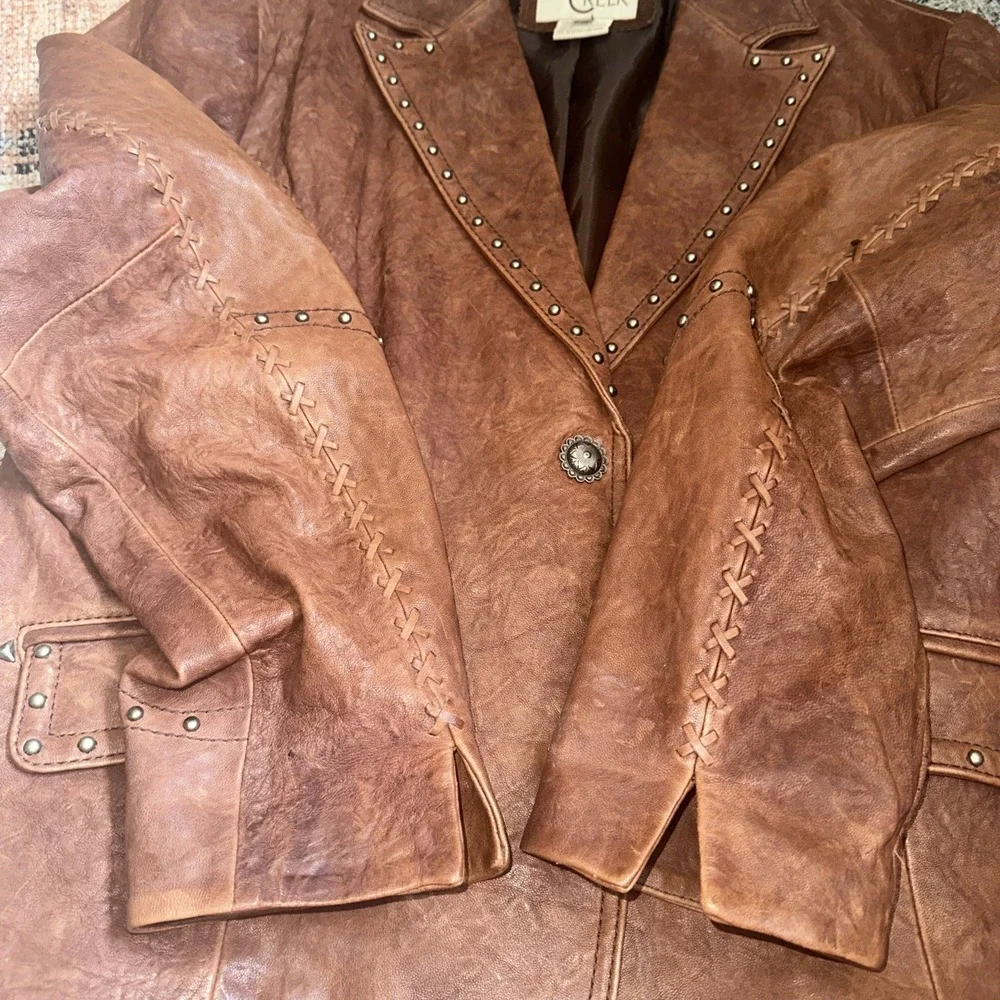 VTG Cripple Creek Western Leather Jacket Womens Studded Pebbled Rodeo Brown  XL